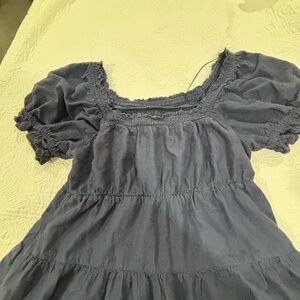 Old Navy Navy Smocked Square-Neck Tiered Puff Sleeve Top